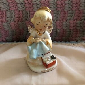 Vintage Angel Figurine Holding Baby Blanket - Blue & Cream
